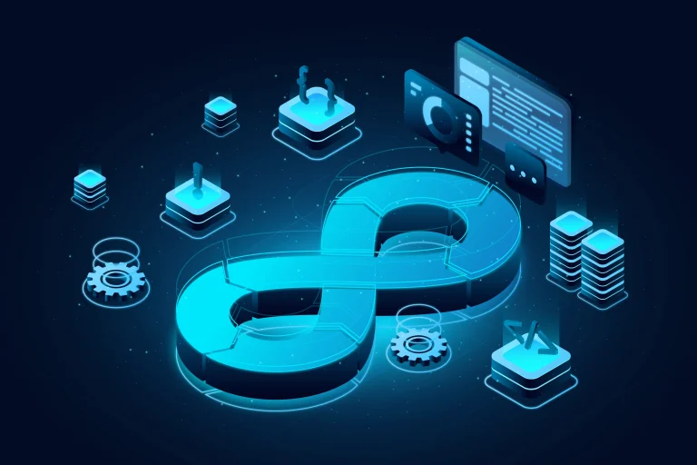 Isometric DevOps infinity loop illustration representing smooth software delivery and cloud infrastructure automation